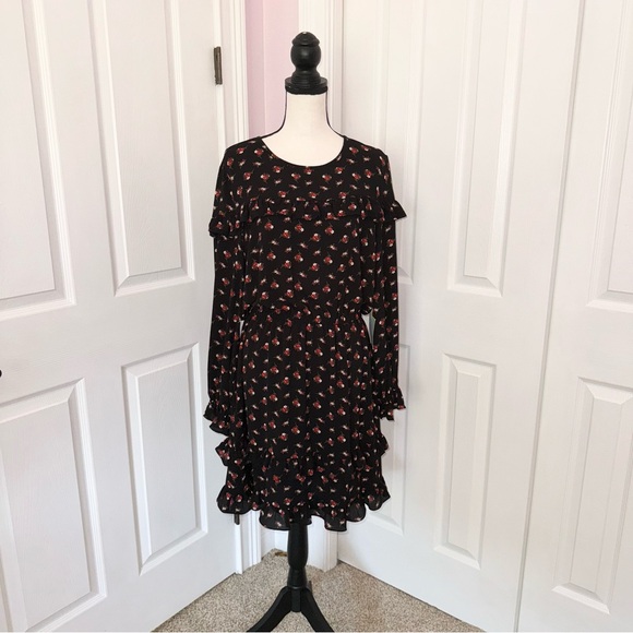 NWT Cece long sleeve ruffled black & red floral crew neck midi dress, sz Large - Picture 2 of 14